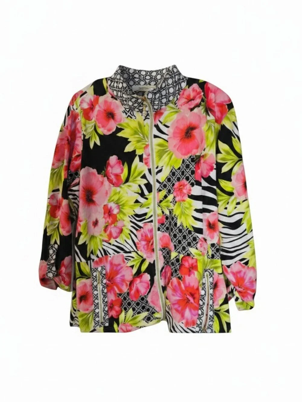 Onque Woman Monochrome Geometric Pattern Jacket, Front Zip, Lightweight Med